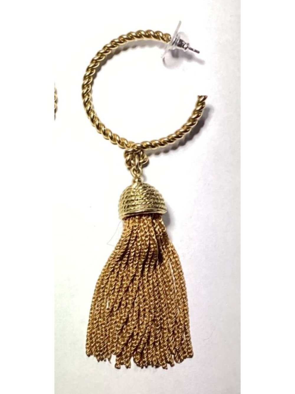 Chunky Goldtone Twisted Hoop Earrings with Chain Tassels Heavy - Picture 4 of 4
